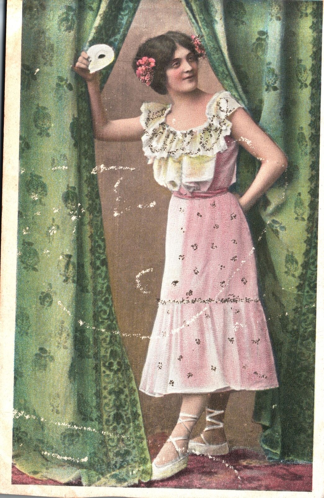 Vintage Postcard Beautiful Lady Behind The Curtain Dress With Flowers In Hair