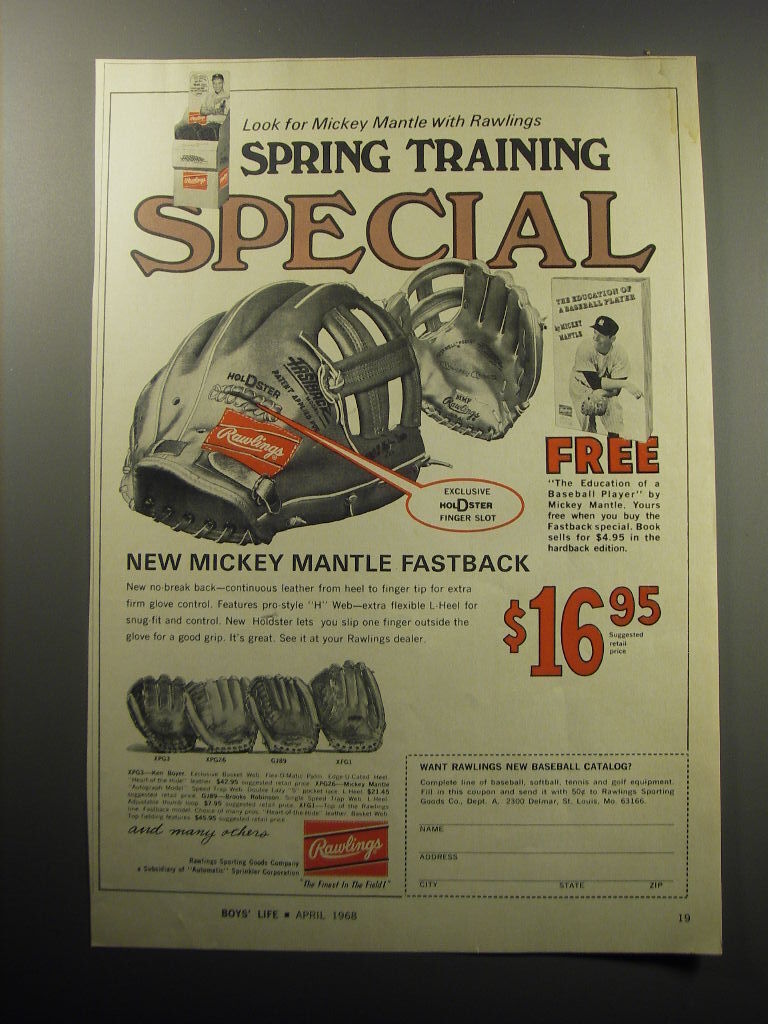 1968 Rawlings Baseball Gloves Ad - Look for Mickey Mantle with Rawlings