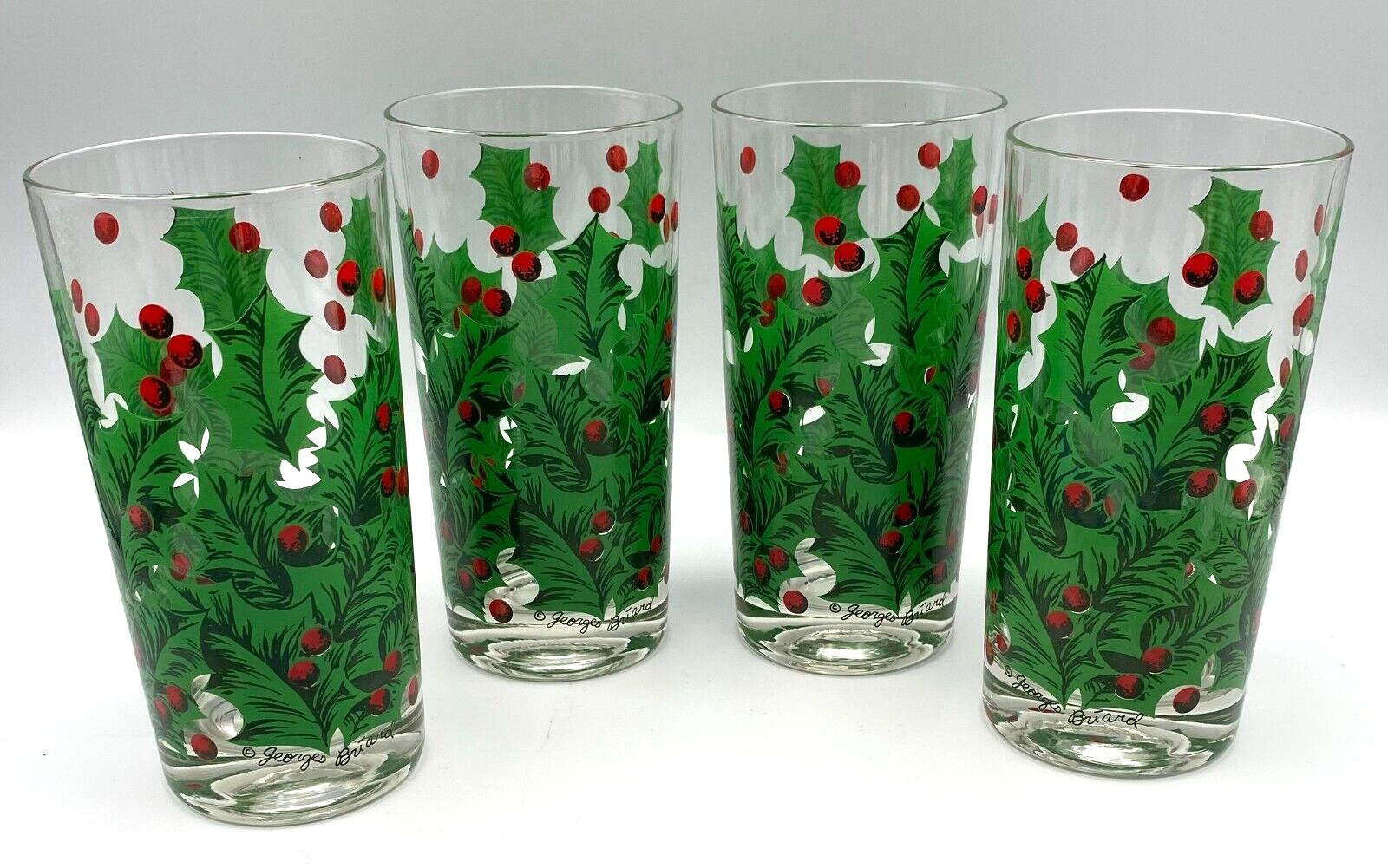 Vintage Georges Briard Christmas Holly Berry High Ball Glasses Set of 4