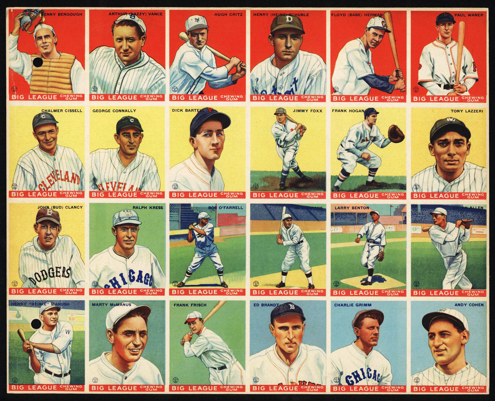 1933 World Wide Gum Canadian Goudey Uncut Sheet: Jimmie Foxx and 6 other HOF\'ers