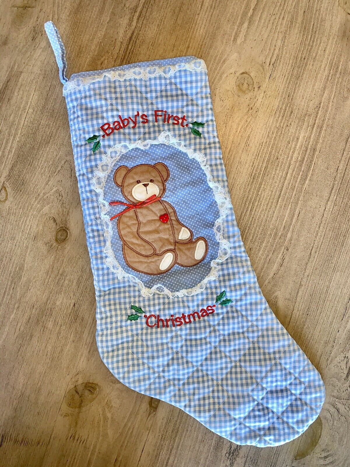 Vintage Baby Boy’s Blue Gingham First Christmas Stocking 80’s Embroidered Lace