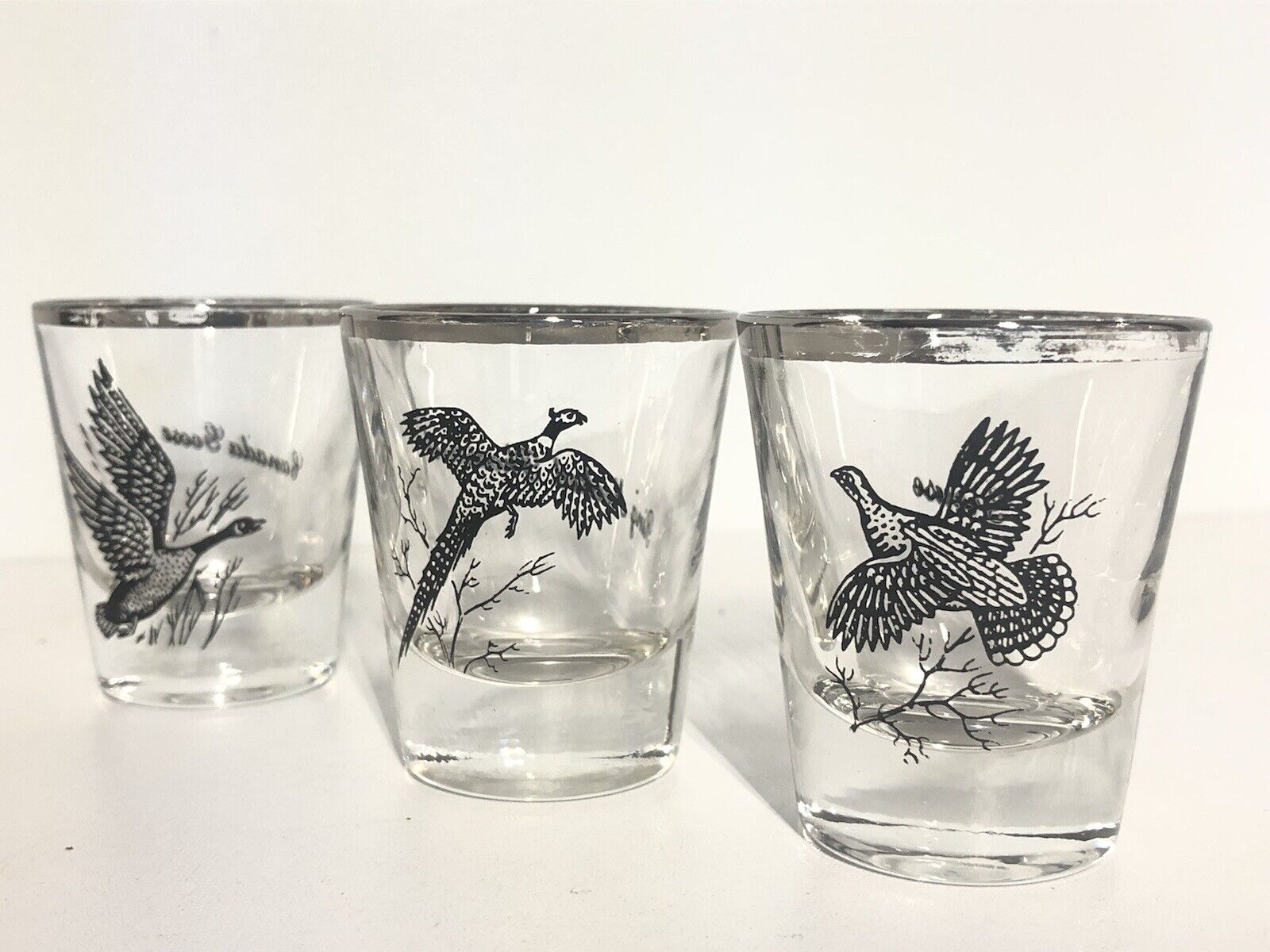 Vintage Federal Glass Sportsman Hunting Birds Shot Glass Barware Set of 3 
