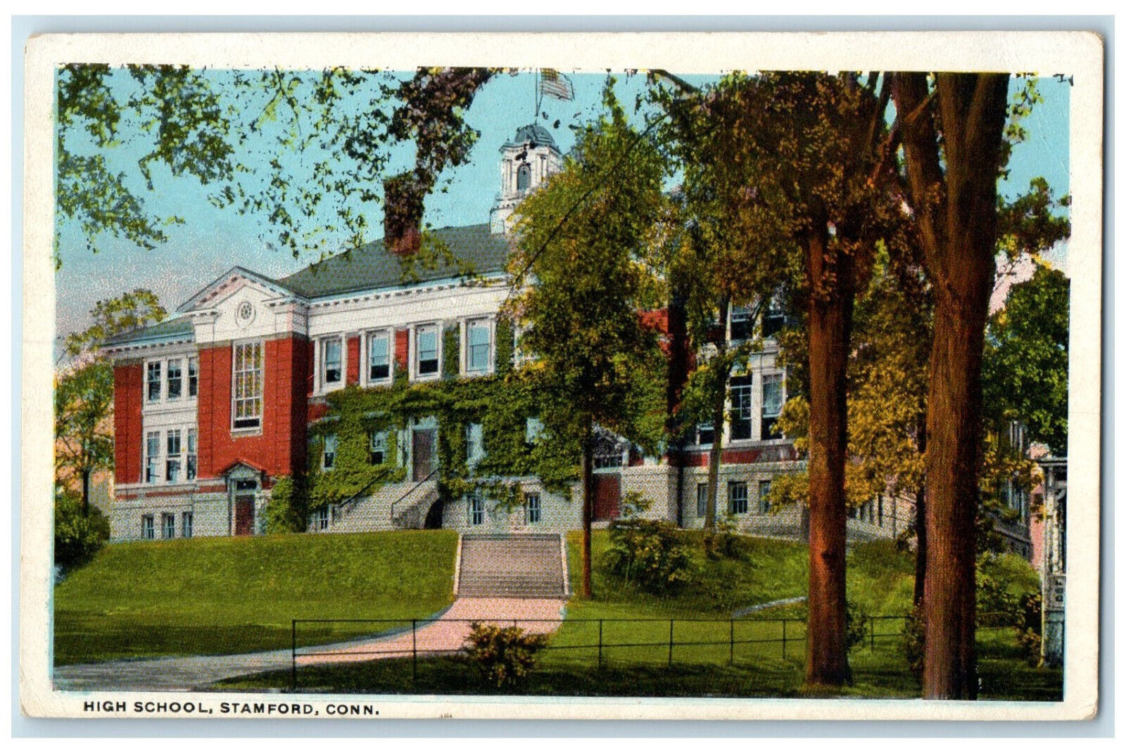 1921 Scene at High School Stamford Connecticut CT Posted Antique Postcard
