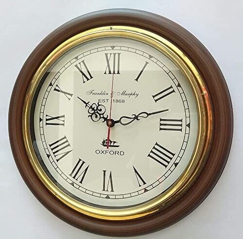 Dark Brown Round Brass Ring Wooden Wall Clock 16 inch Vintage Home Decorative