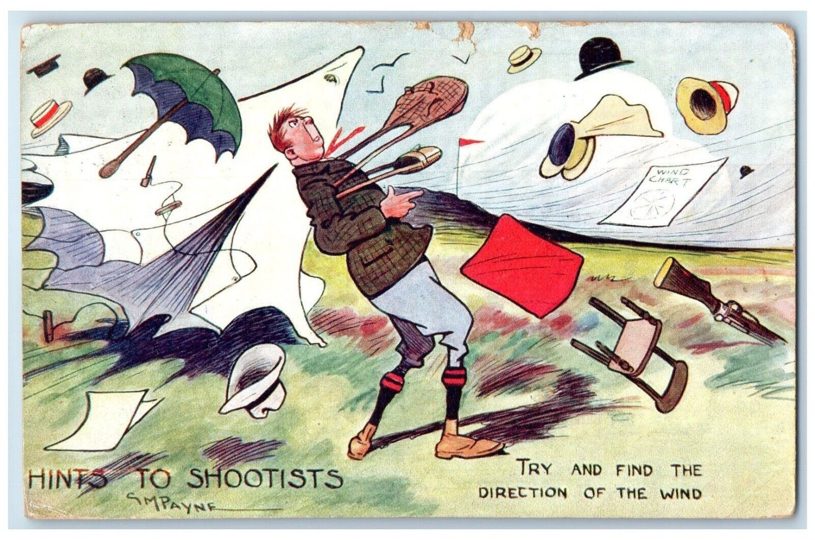 c1910\'s Man Hunting Humor Comic Try And Find The Direction Of The Wind Postcard