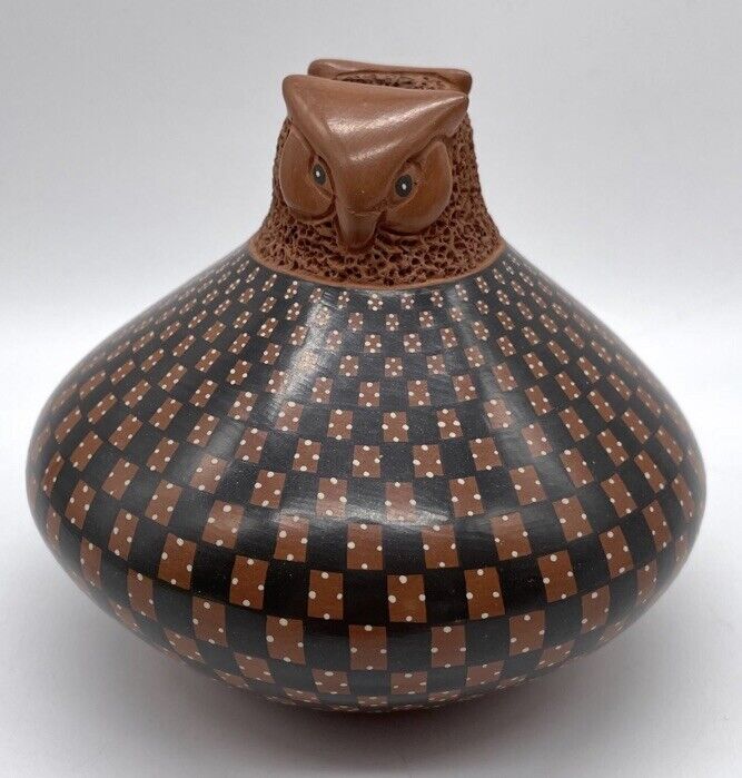 Guadalupe Ledezma Geometric Polychrome Carved Jar Mexico Owl Maya Ortiz Pottery