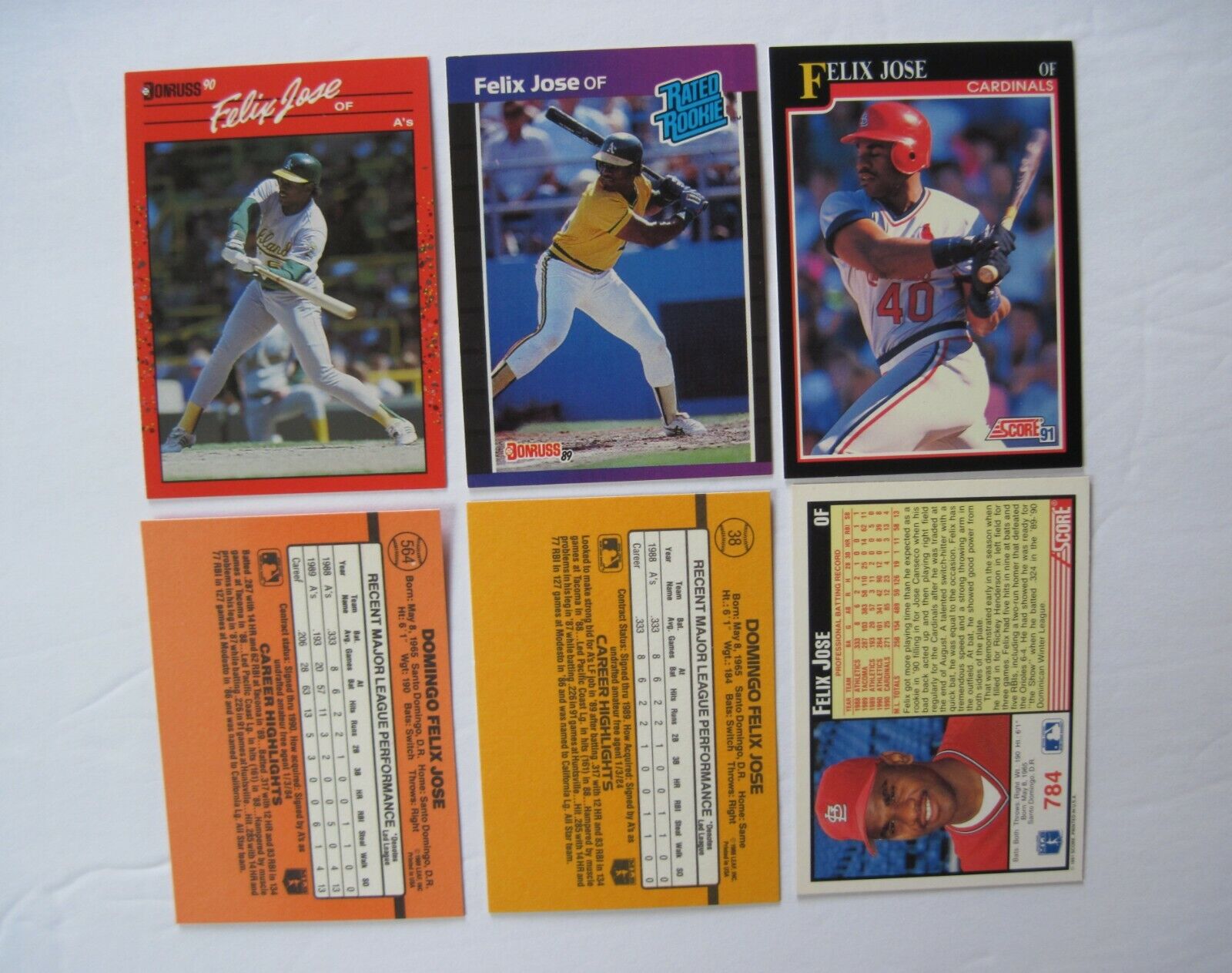 FELIX JOSE CARDS Donruss 1989 #38 1990 #564 1991 Score #784 Original A\'s Reds