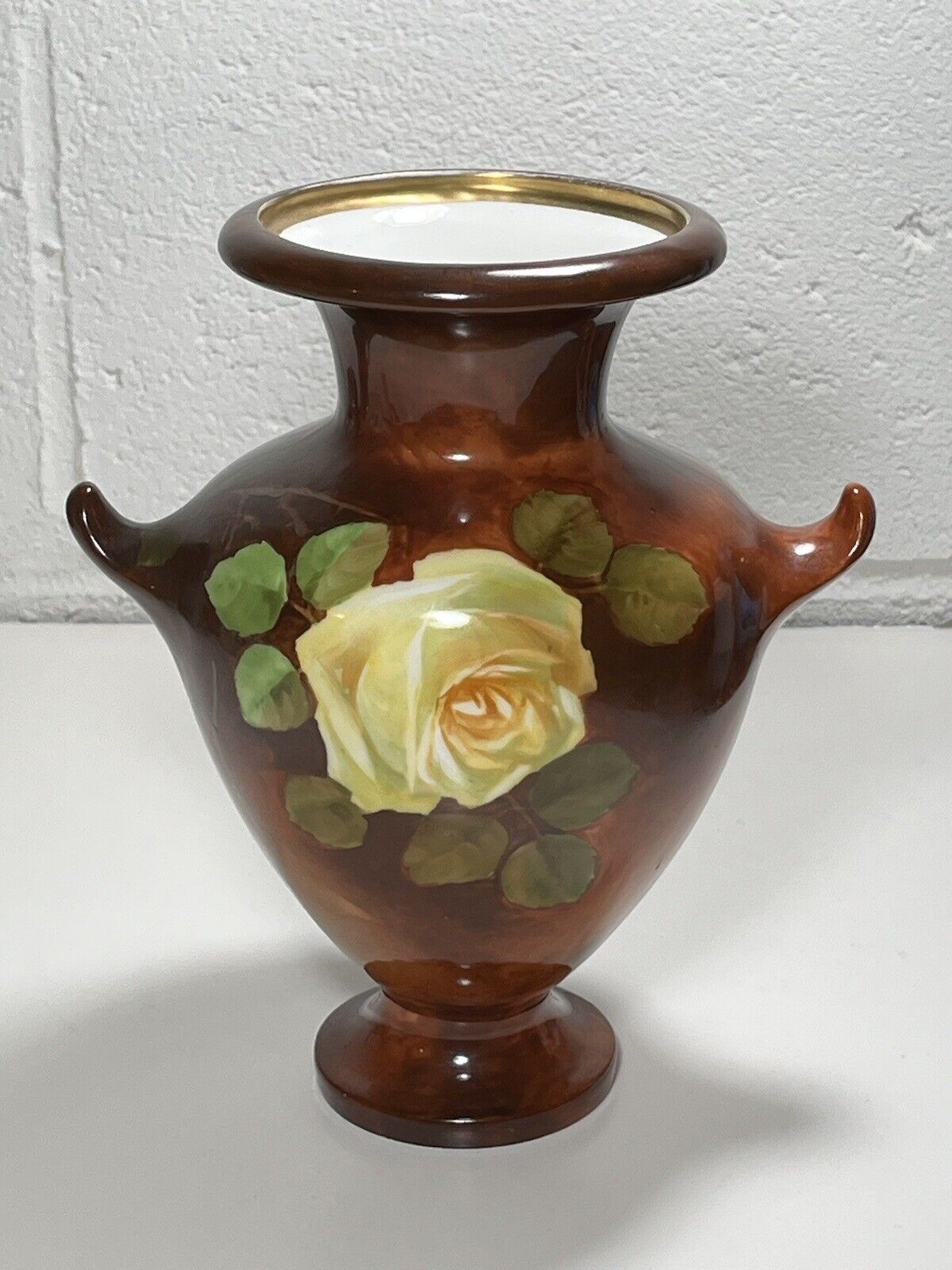 Antique Habsburg Austria Large Yellow Rose Marechal Niel Porcelain Vase Signed