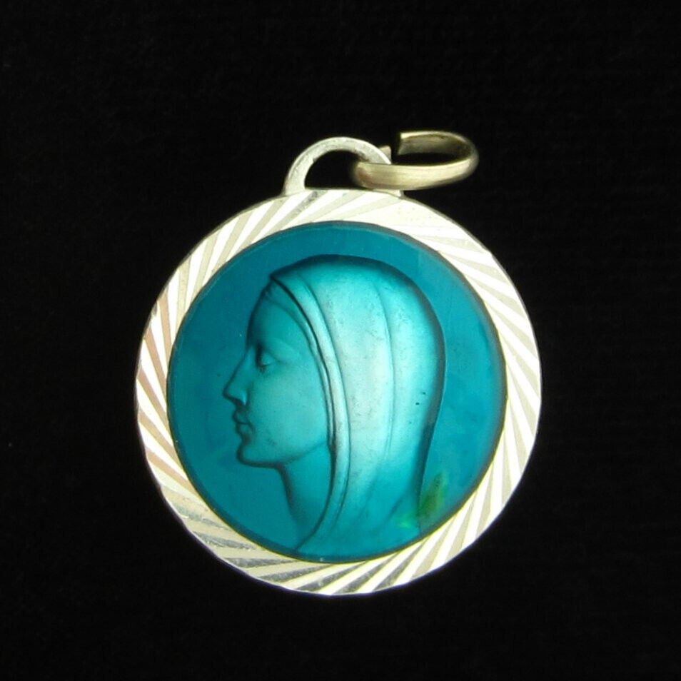 Vintage Mary Lourdes Aqua Acrylic Aluminum Medal With Empty Water Font Catholic