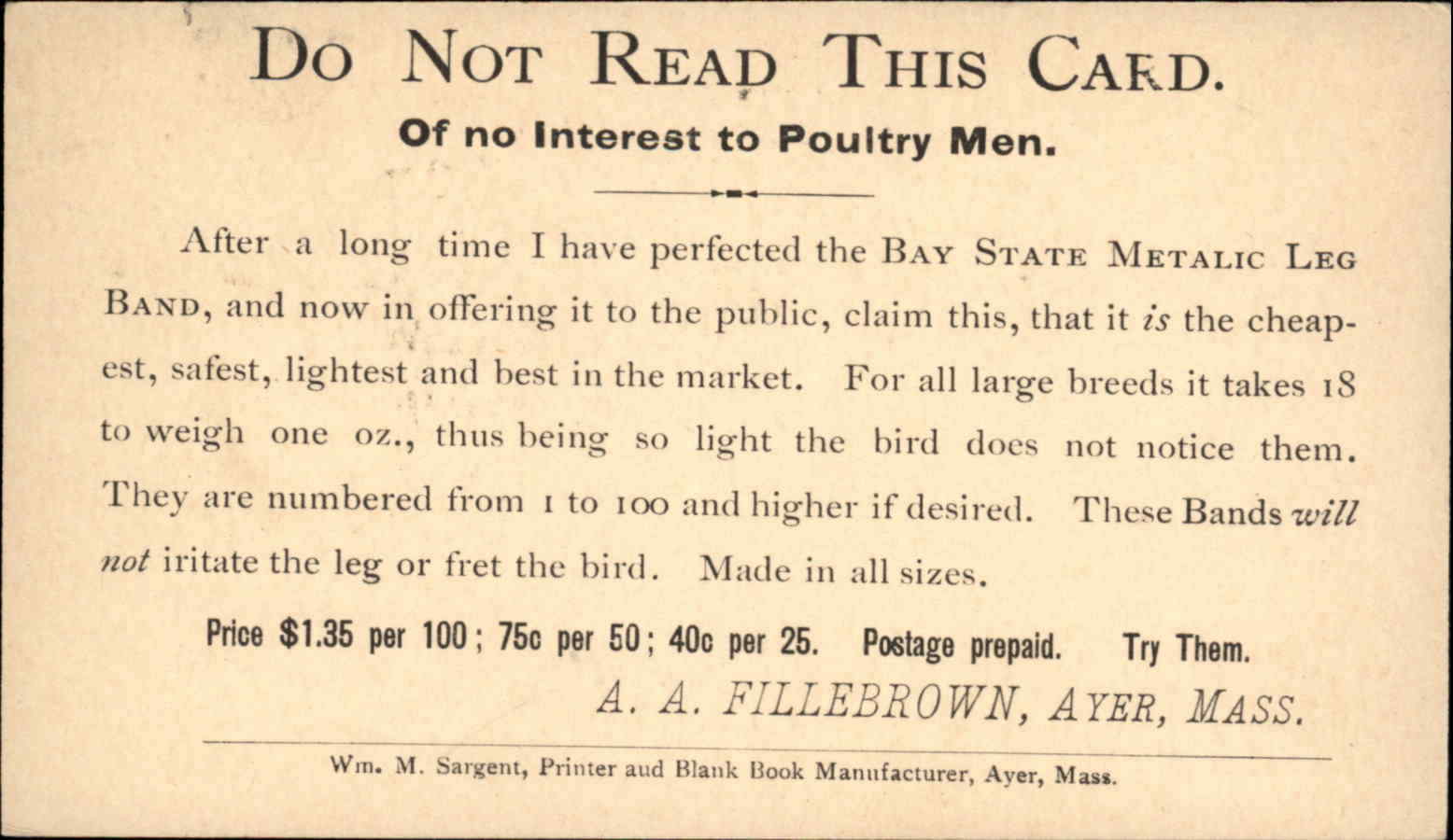 Reverse Psychology in Advertising DO NOT READ THIS CARD Ayer MA Poultry PC