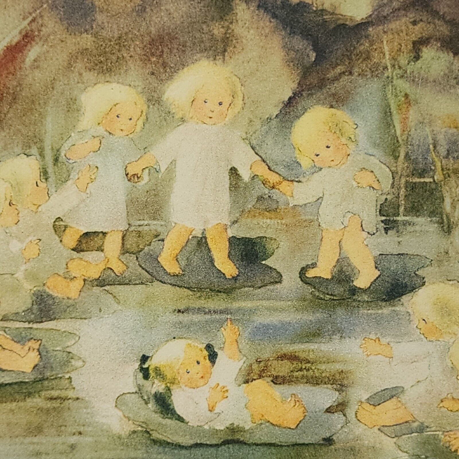 Vintage Mili Weber Postcard Fairy Children on Water Lily Leaves Watercolor Print