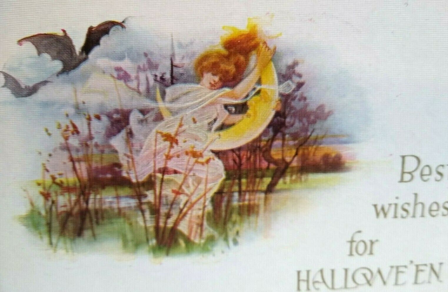 Halloween Fantasy Postcard Spirit Ghost Running With Moon Gibson Unused Original