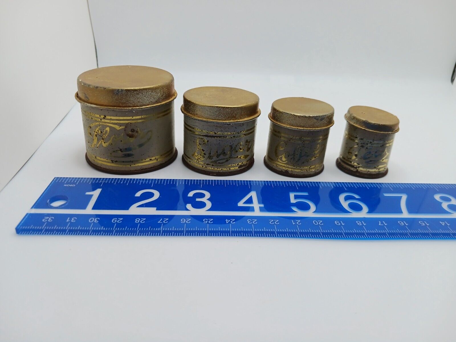 Vintage 1930-40s  Set Of 4 Gold Metal Canisters Farmhouse Retro Play Mini Doll 