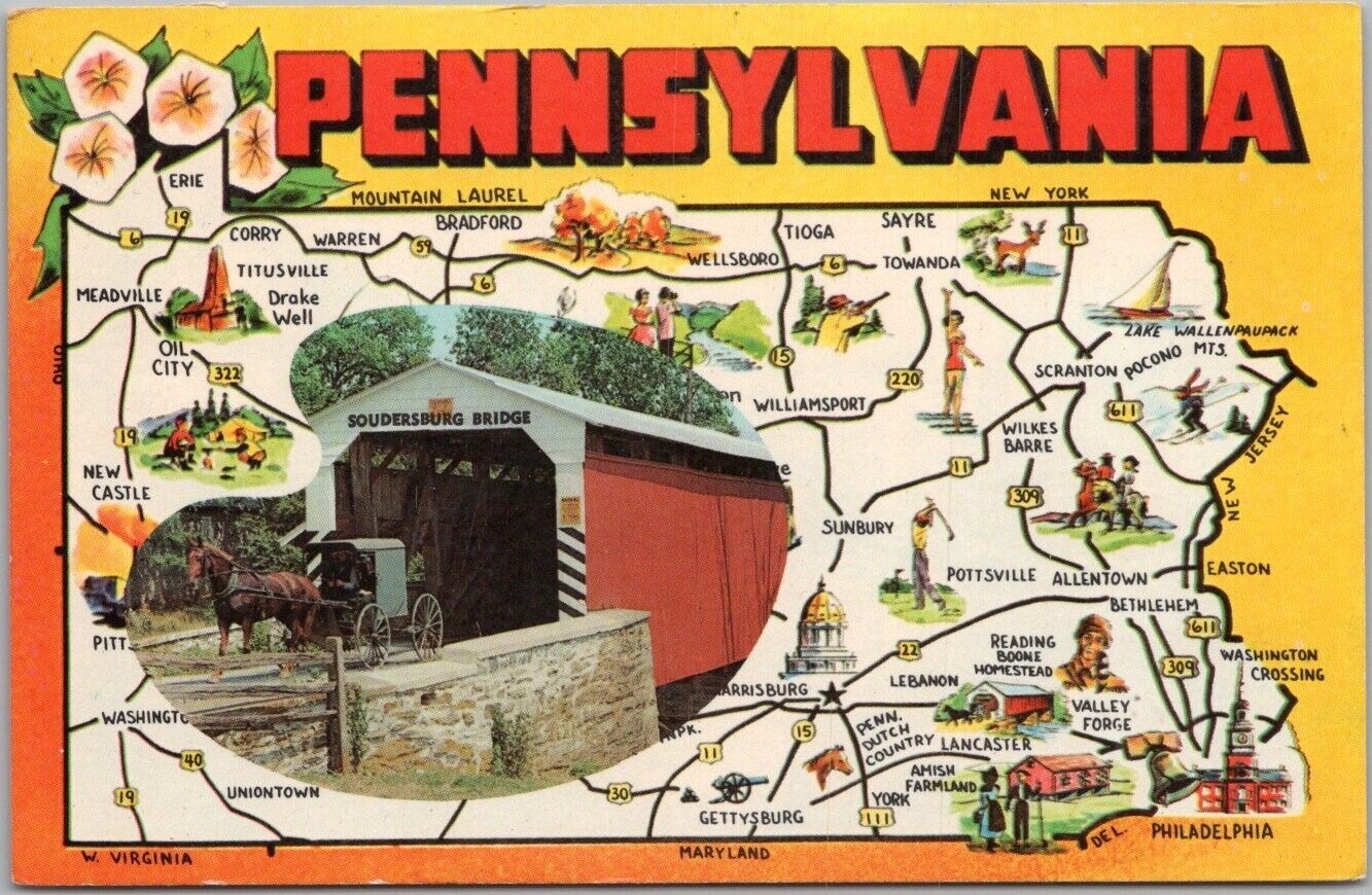 Vintage 1960s PHILADELPHIA / Pennsylvania State Map Postcard / Dexter Chrome