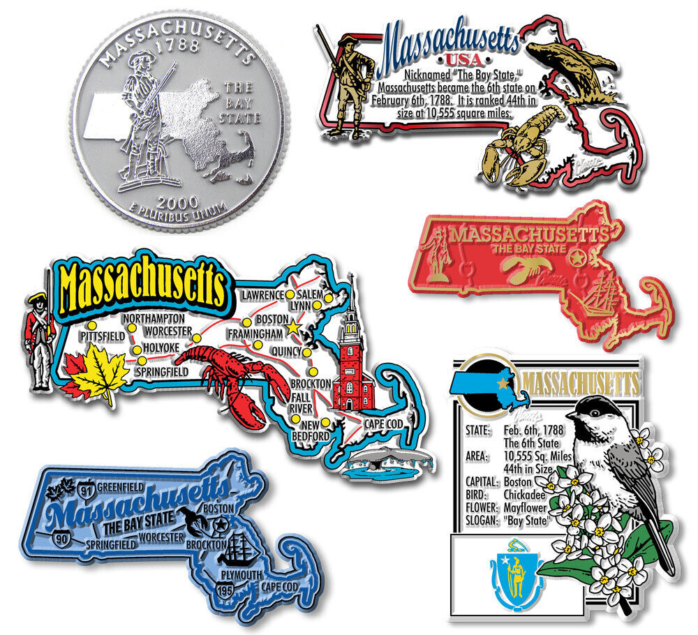 Massachusetts Six-Piece State Magnet Set by Classic Magnets, Includes 6 Designs