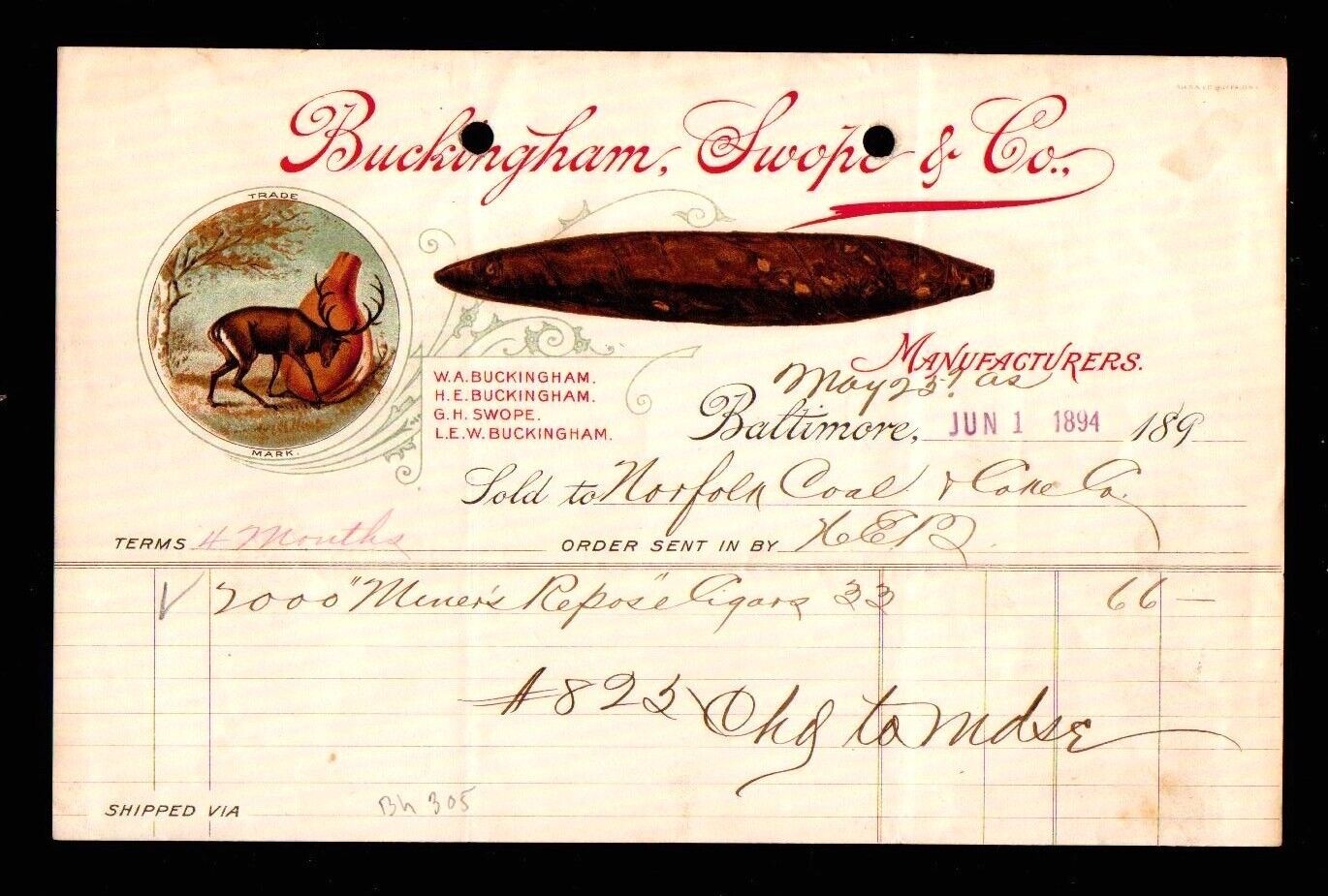 1894 Baltimore - Buckingham Swope Cigar Co - BEAUTIFUL  Ex RARE Letter Head bill