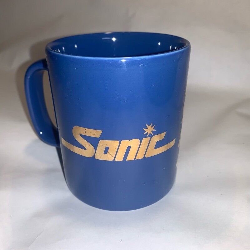 Vintage Sonic 1984 Kiln Craft Coffee Mug Cup Blue Gold Staffordshire England