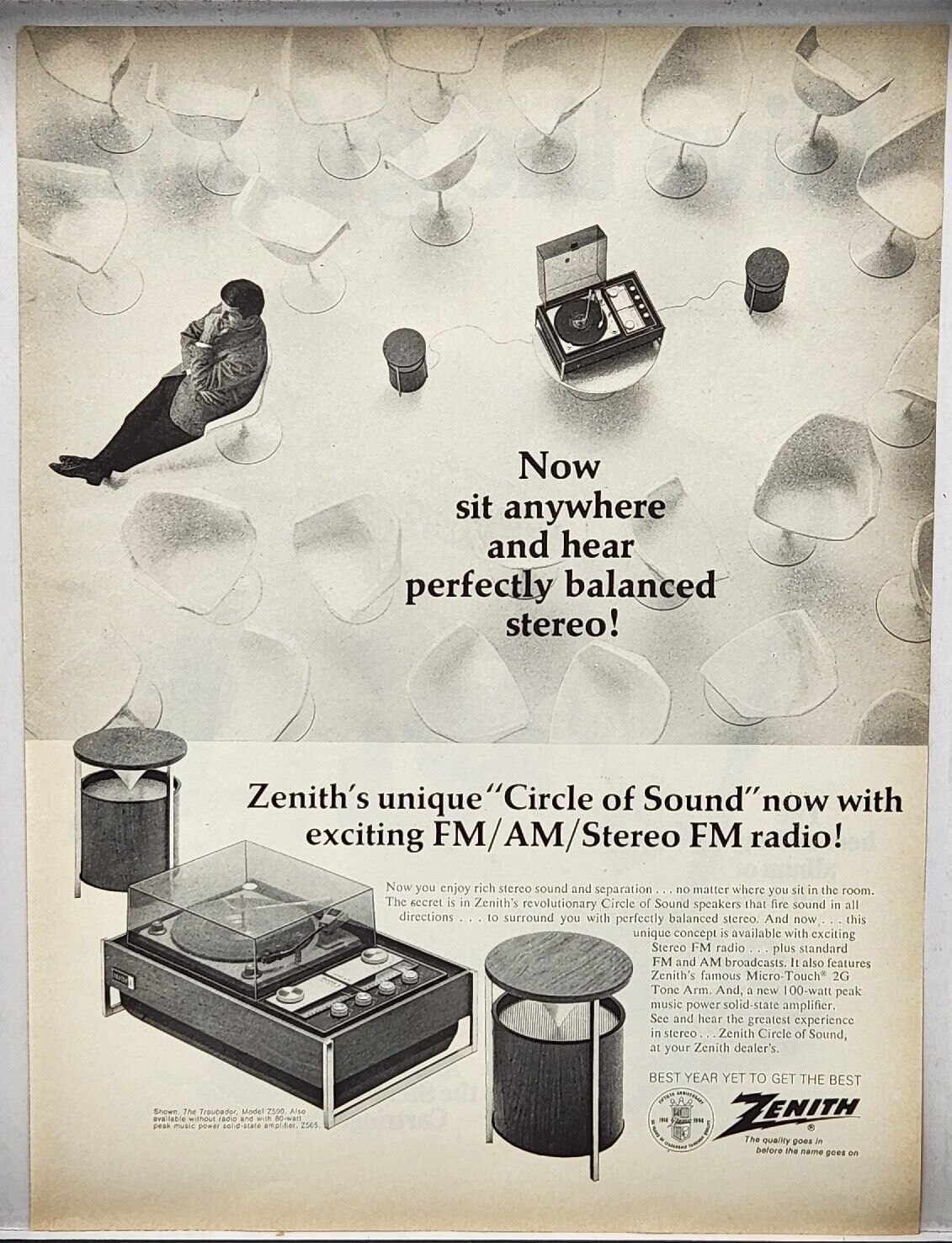 1968 Zenith Troubador Z590 FM/AM Stereo Record Player Vintage Print Ad