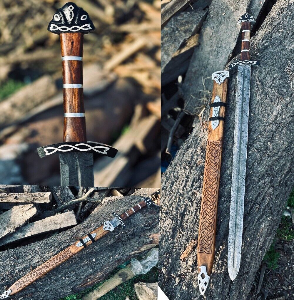 Hand Forged Damascus Steel Viking Sword  Battle Ready Medieval Sword +Scabbard