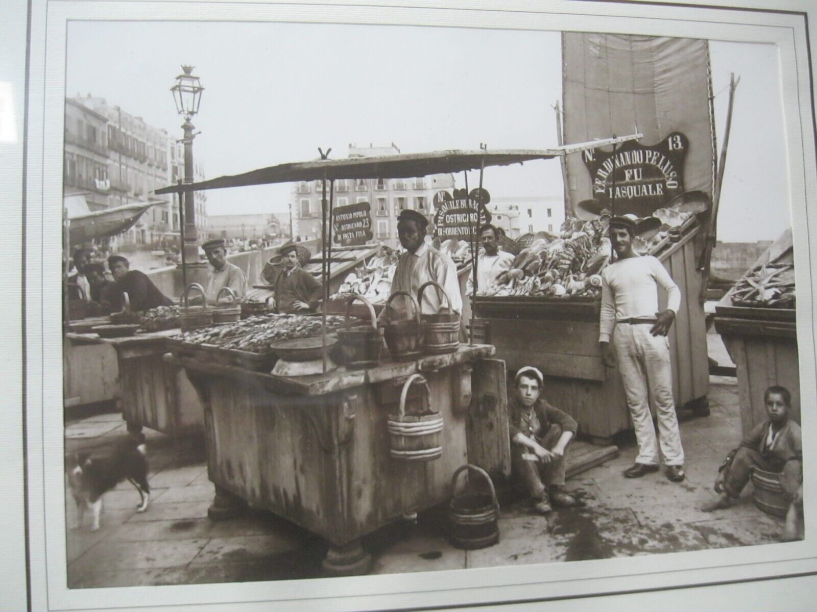 Turn of the Century Seafood Market in Italy Framed Black & White Photo 16x12 \