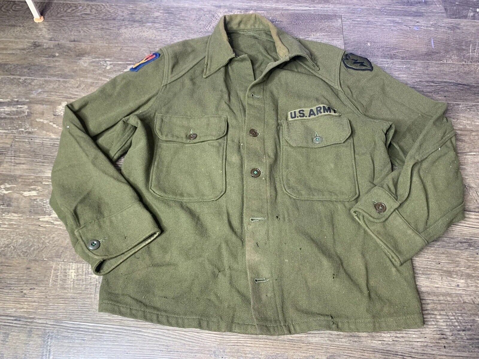 Vintage Militar Army Wool Shirt Women’s Green Button Up Long Sleeve 