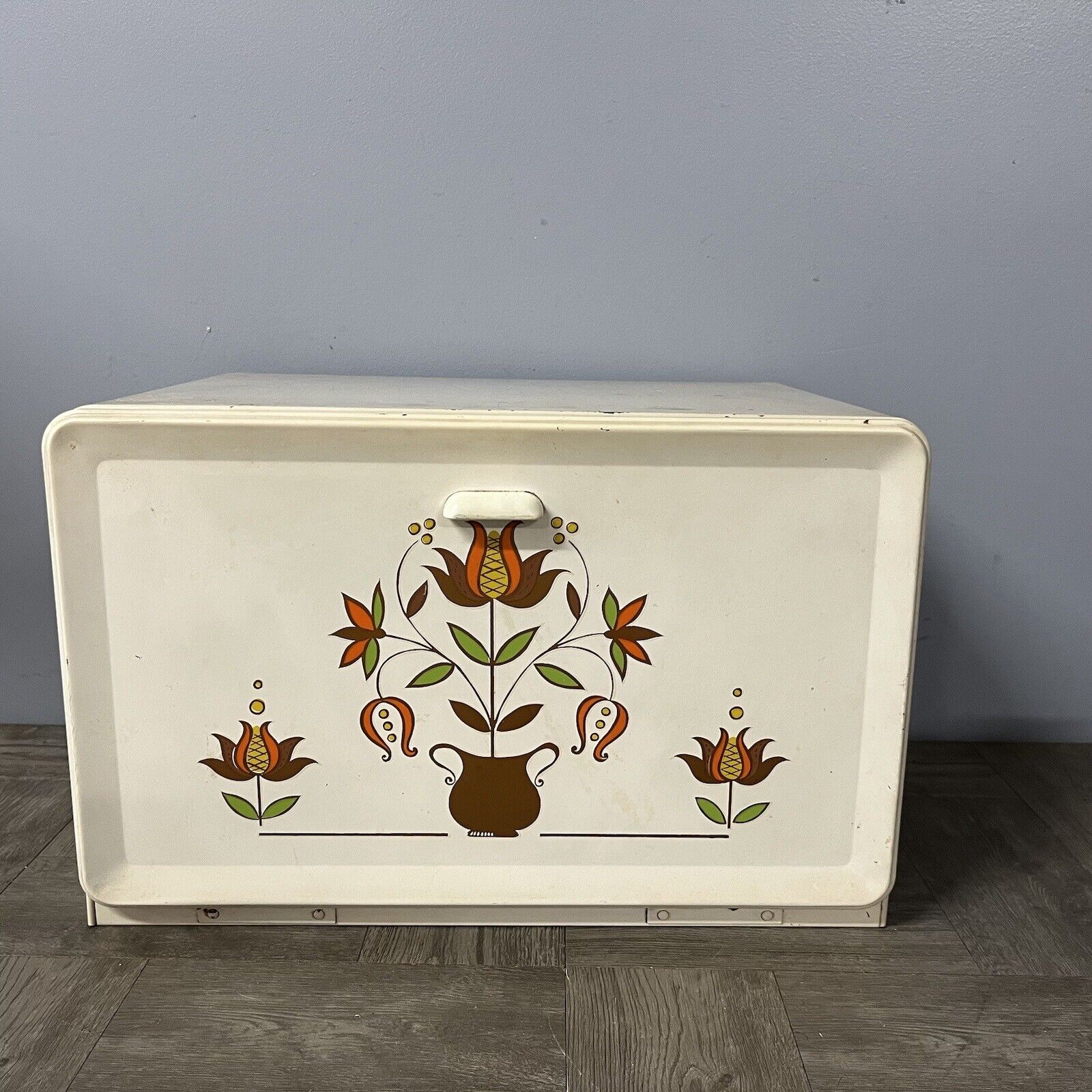 Vintage Ransburg Mid-Century White Brown Floral Metal Bread Box Pie Cooler