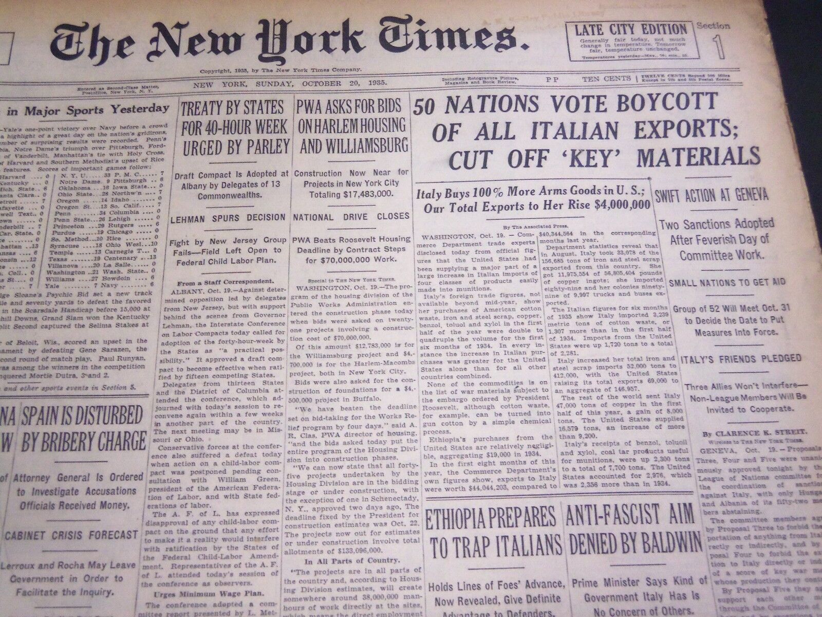 1935 OCT 20 NEW YORK TIMES - 50 NATIONS VOTE BOYCOTT OF ITALIAN EXPORTS- NT 4899