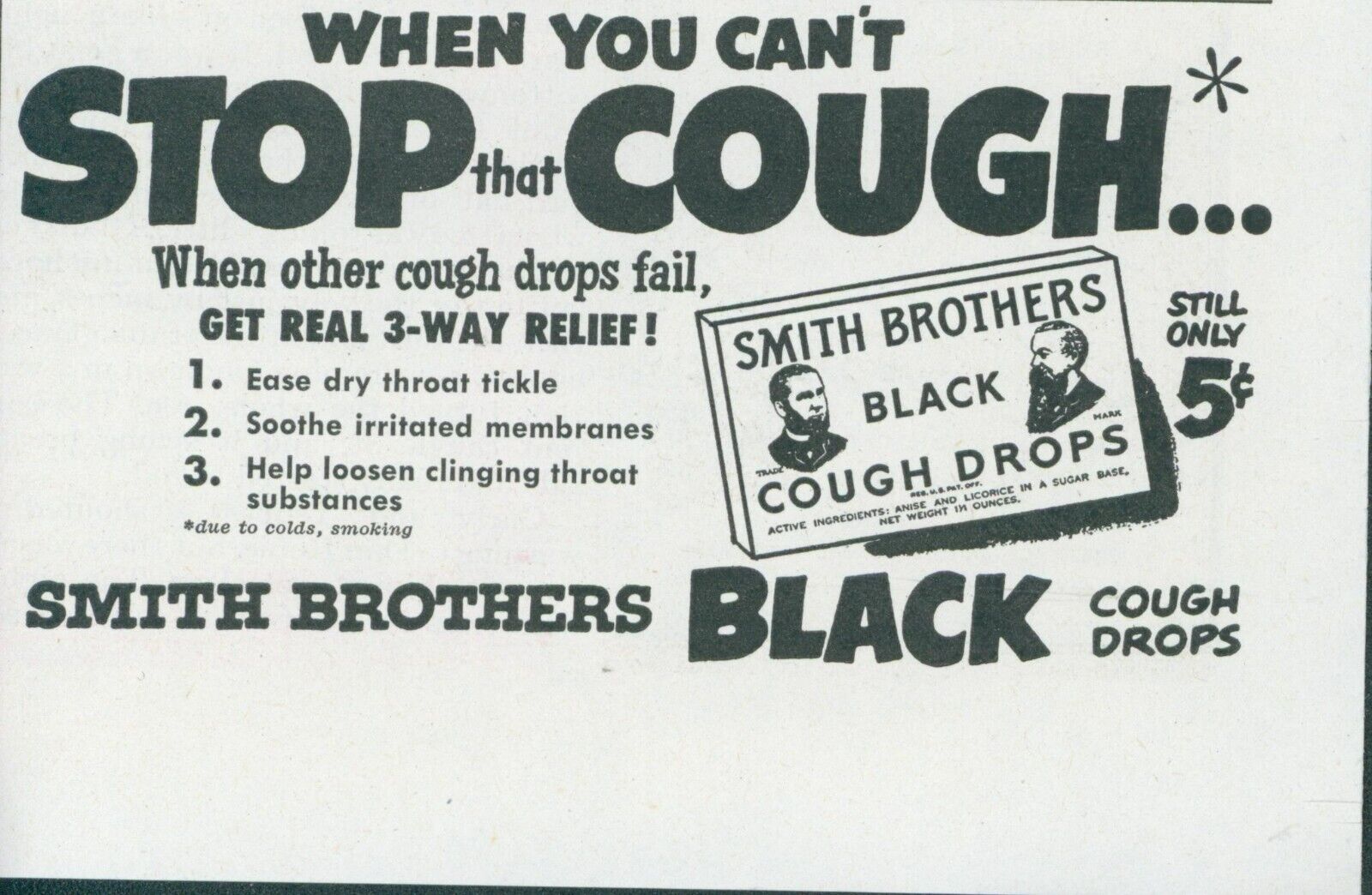 1950 Smith Brothers Black Cough Drops Stop Cough Real 3 Way Relief Print Ad SP7