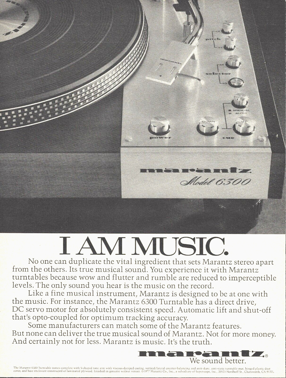 1977 Marantz Model 6300 Stereo Record Player Turntable I Am Music vtg Print Ad