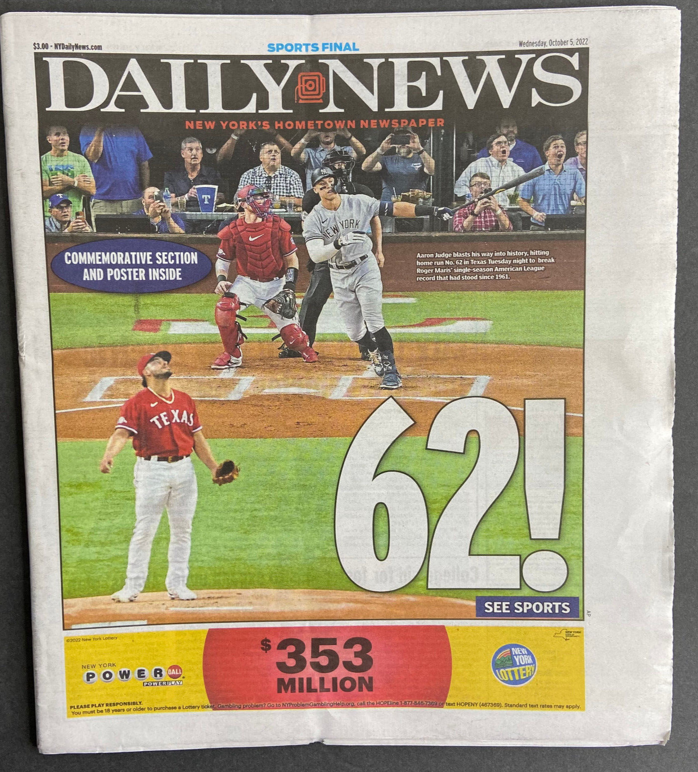 Aaron Judge 62 Home Runs breaks Roger Maris New York Daily newspaper 10/5 2022