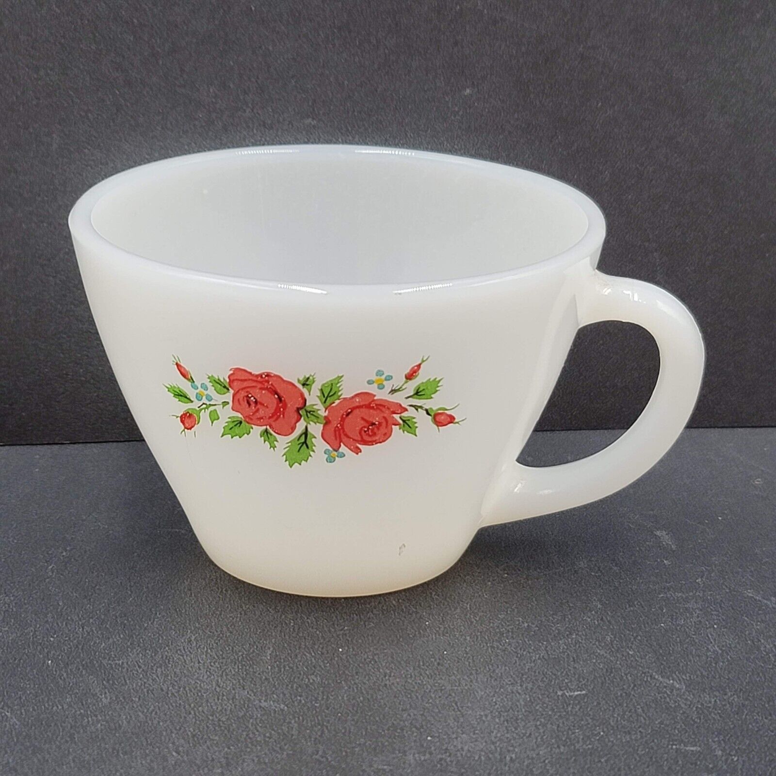 Anchor Hocking Fire King Vintage Tea Cup With Rose Pattern Milk Glass