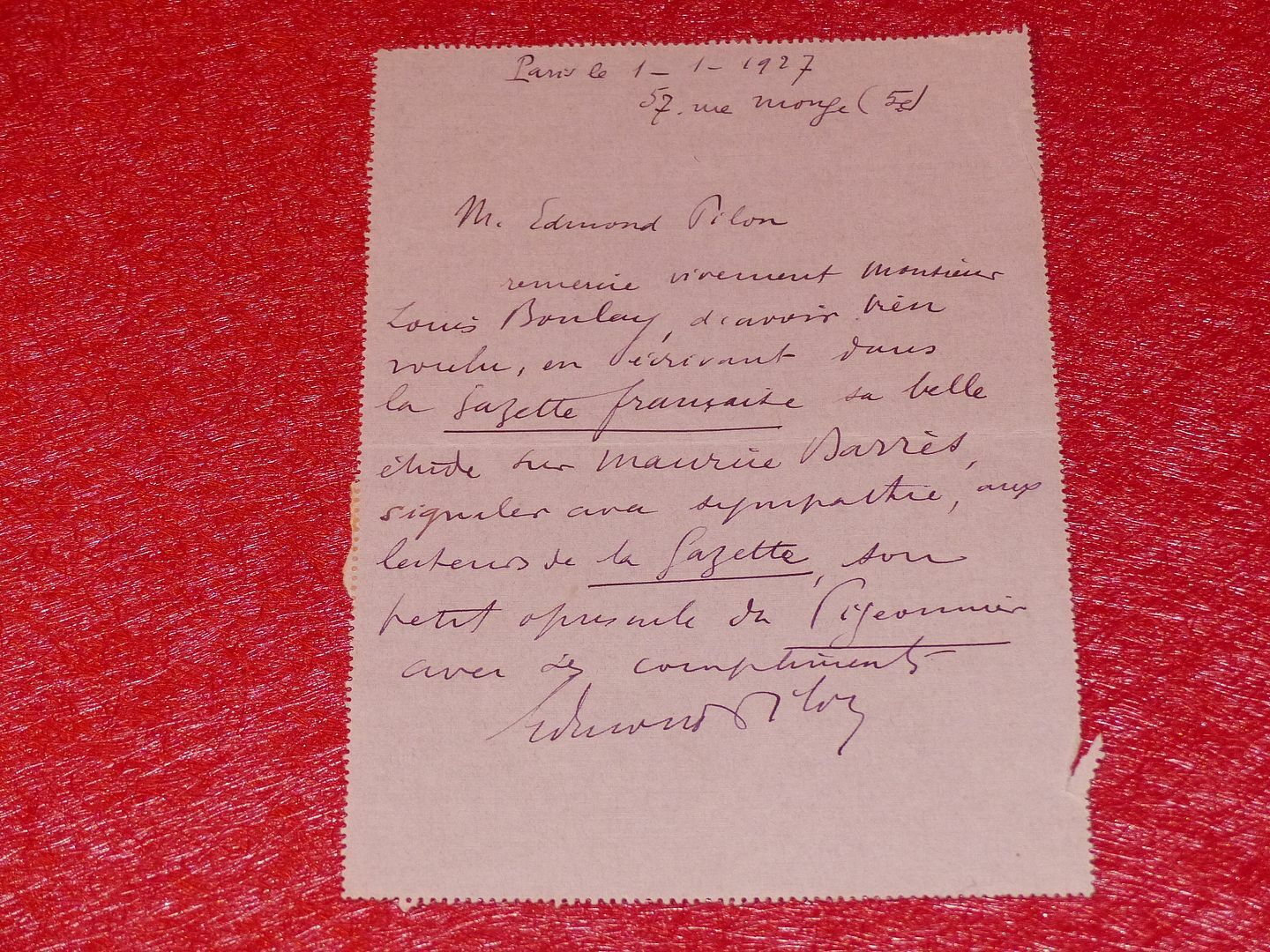 Letter Signed Autograph Edmond Pestle (Writer Poet) 1927