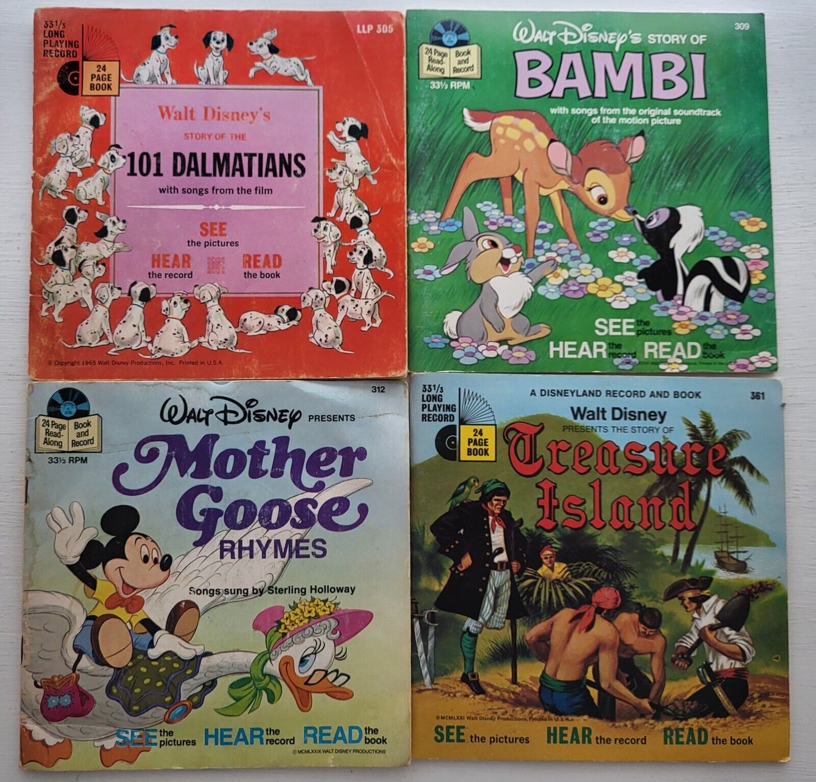 Disney BAMBI, Treasure Island, Mother Goose, 101 Dalmatians Books/Records 33 1/3