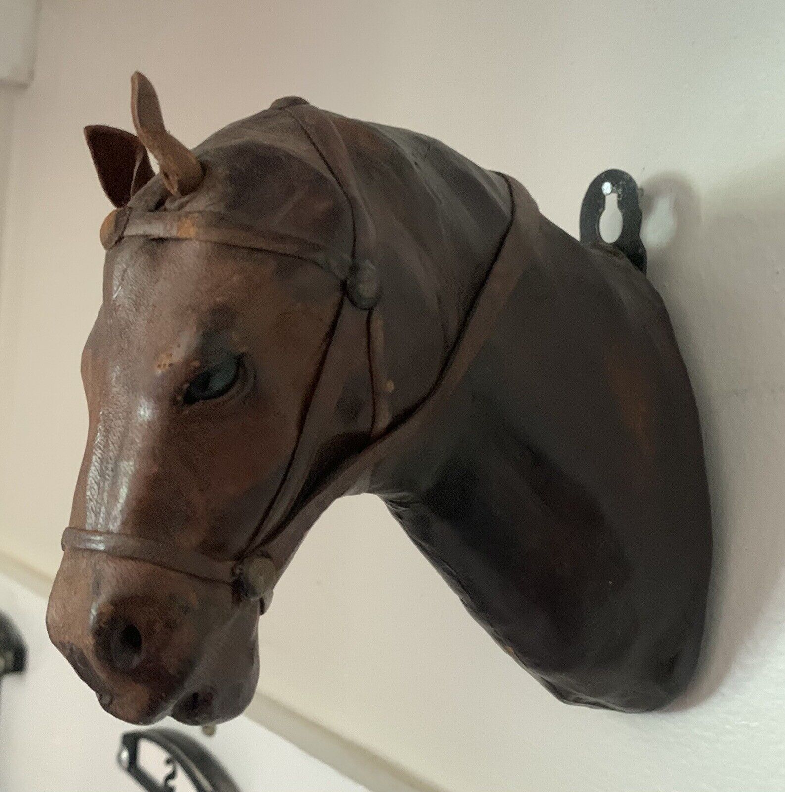 Vintage leather wrap horse head bust wall mount figurine Western equestrian
