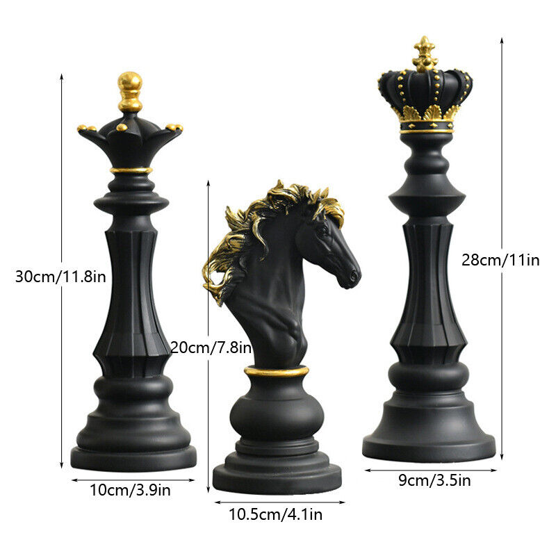  International Chess Pieces Sculpture Statue Decor King Queen Knight 3 piece set
