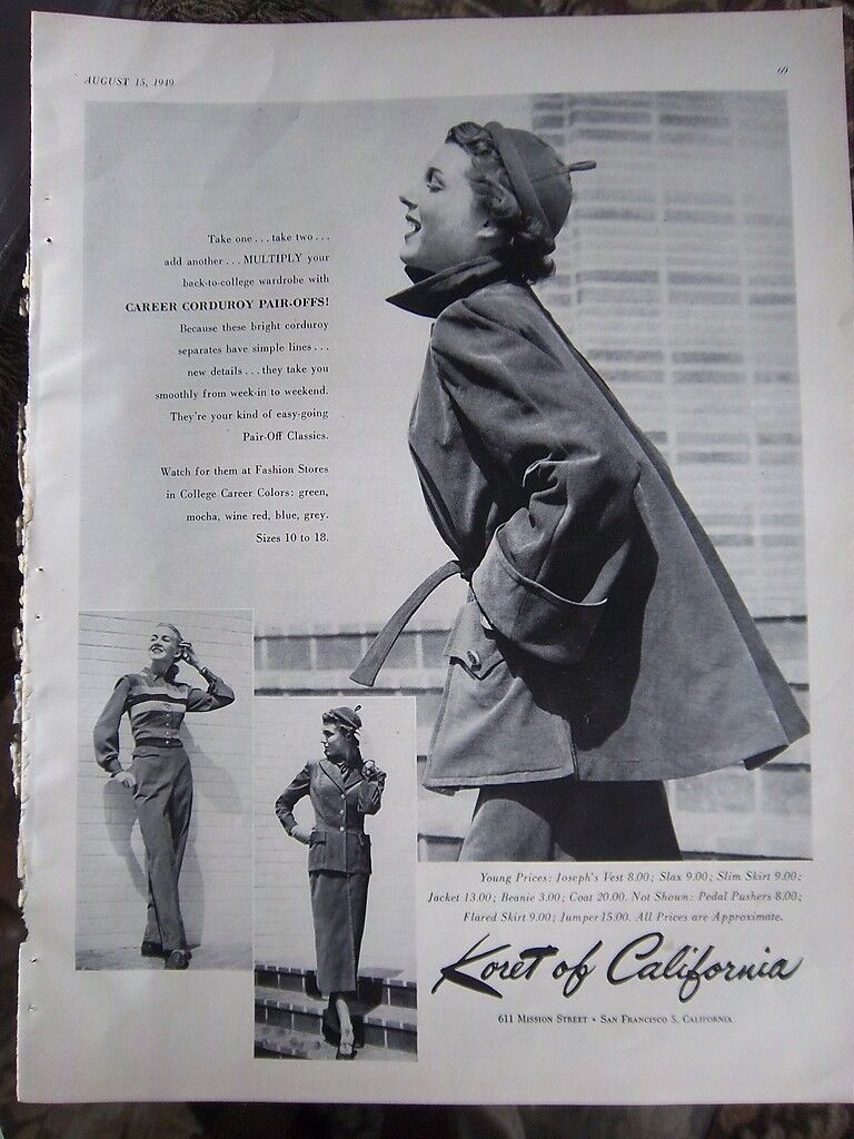 1949 Vintage KORET of California Career Corduroy Pair Offs Womens Fashion ad