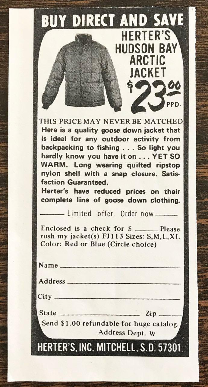 1974 Herter\'s Inc Mitchell South Dakota Print Ad Hudson Bay Arctic Jacket