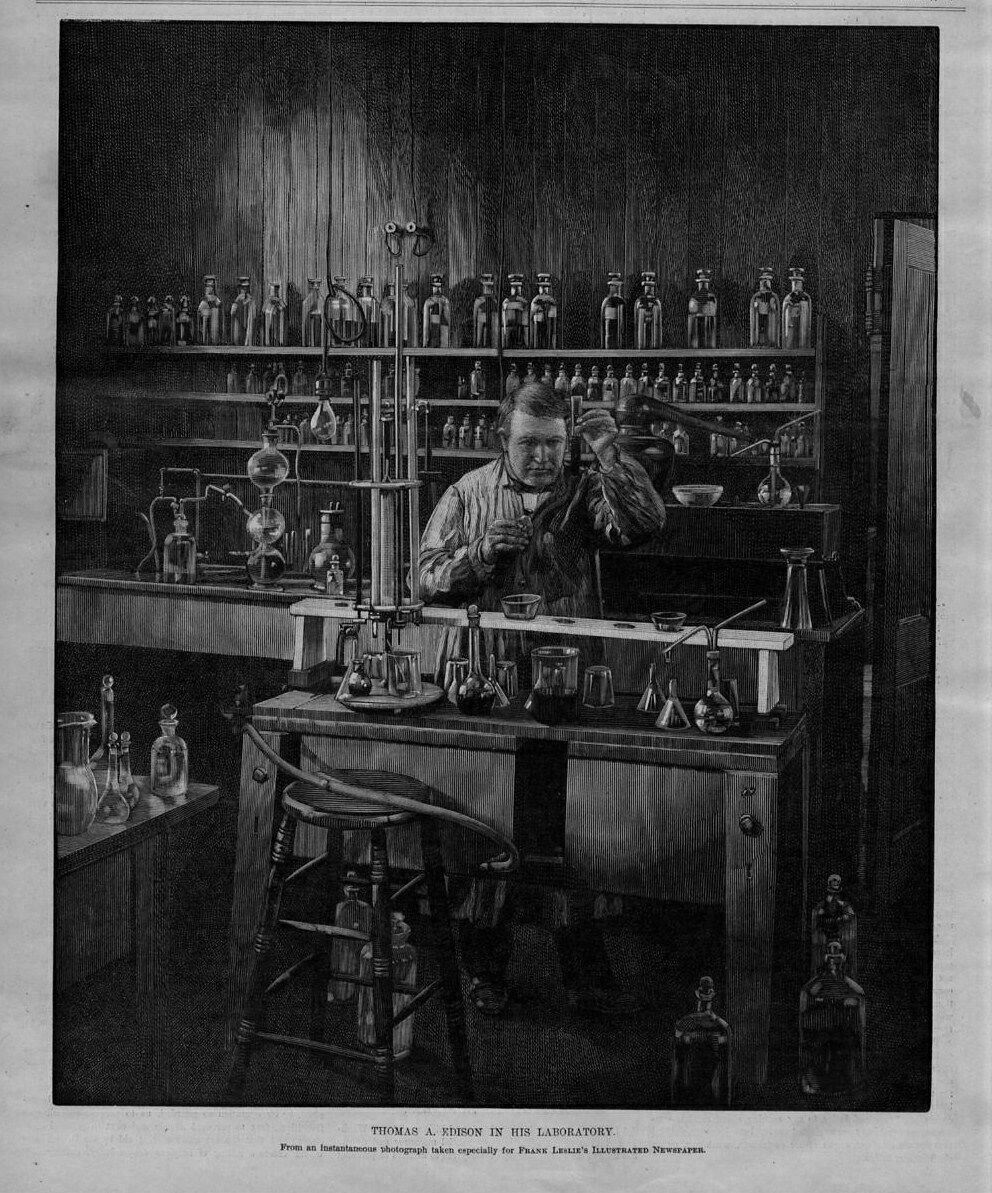 THOMAS EDISON CONDUCTING EXPERIMENTS IN HIS LABORATORY TEST TUBES BEAKER SCIENCE
