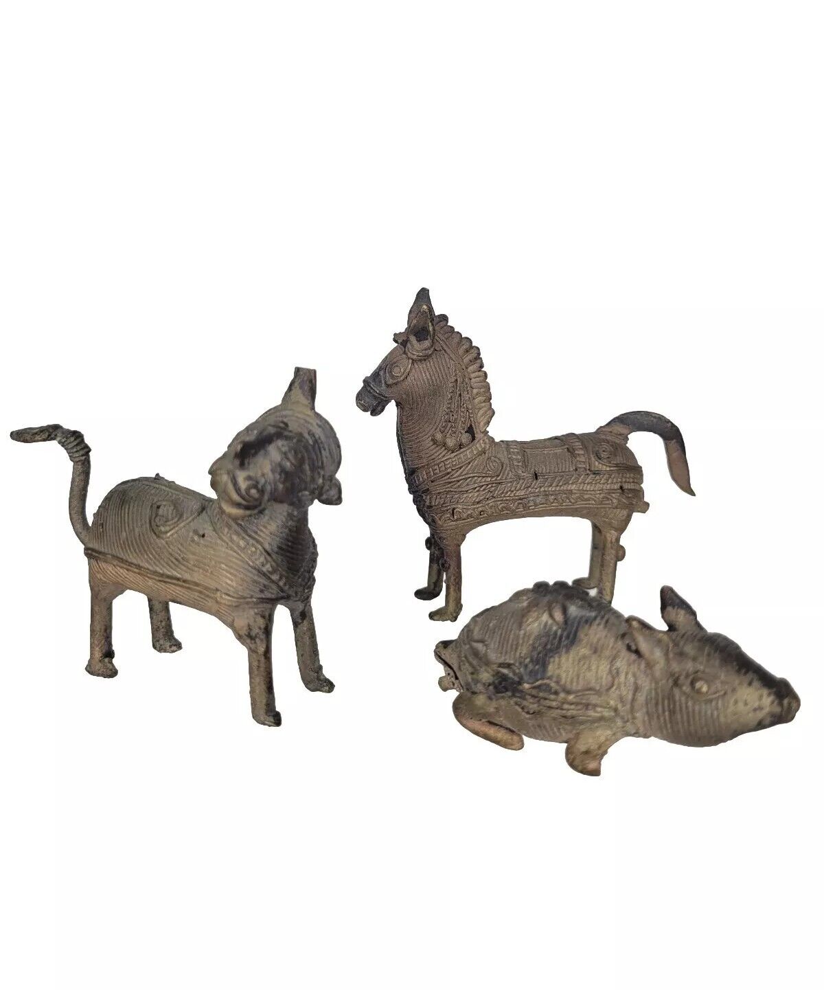 Vtg Antique Dhokra Animal Sculptures Mouse Horse Brass Indian Mythical Lot Of 3