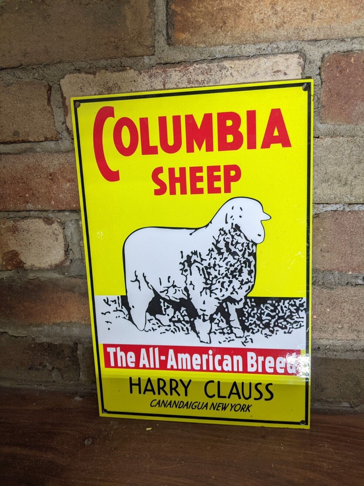 VINTAGE COLUMBIA SHEEP BREED HARRY CLAUSS HEAVY METAL PORCELAIN SIGN 12\