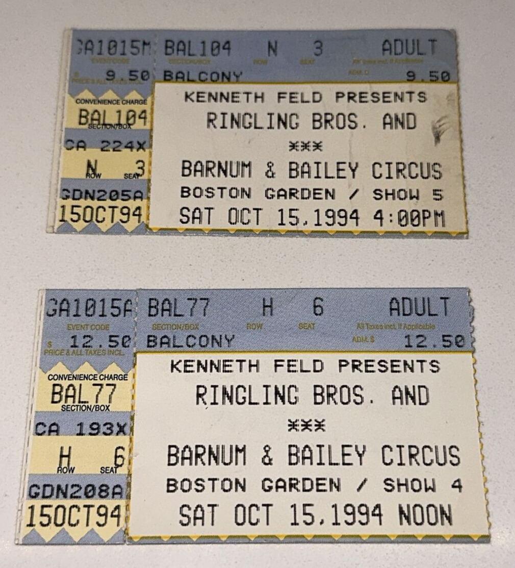 10/15/94 Boston Garden Ringling Brothers Barnum & Bailey Circus Ticket Stubs x 2