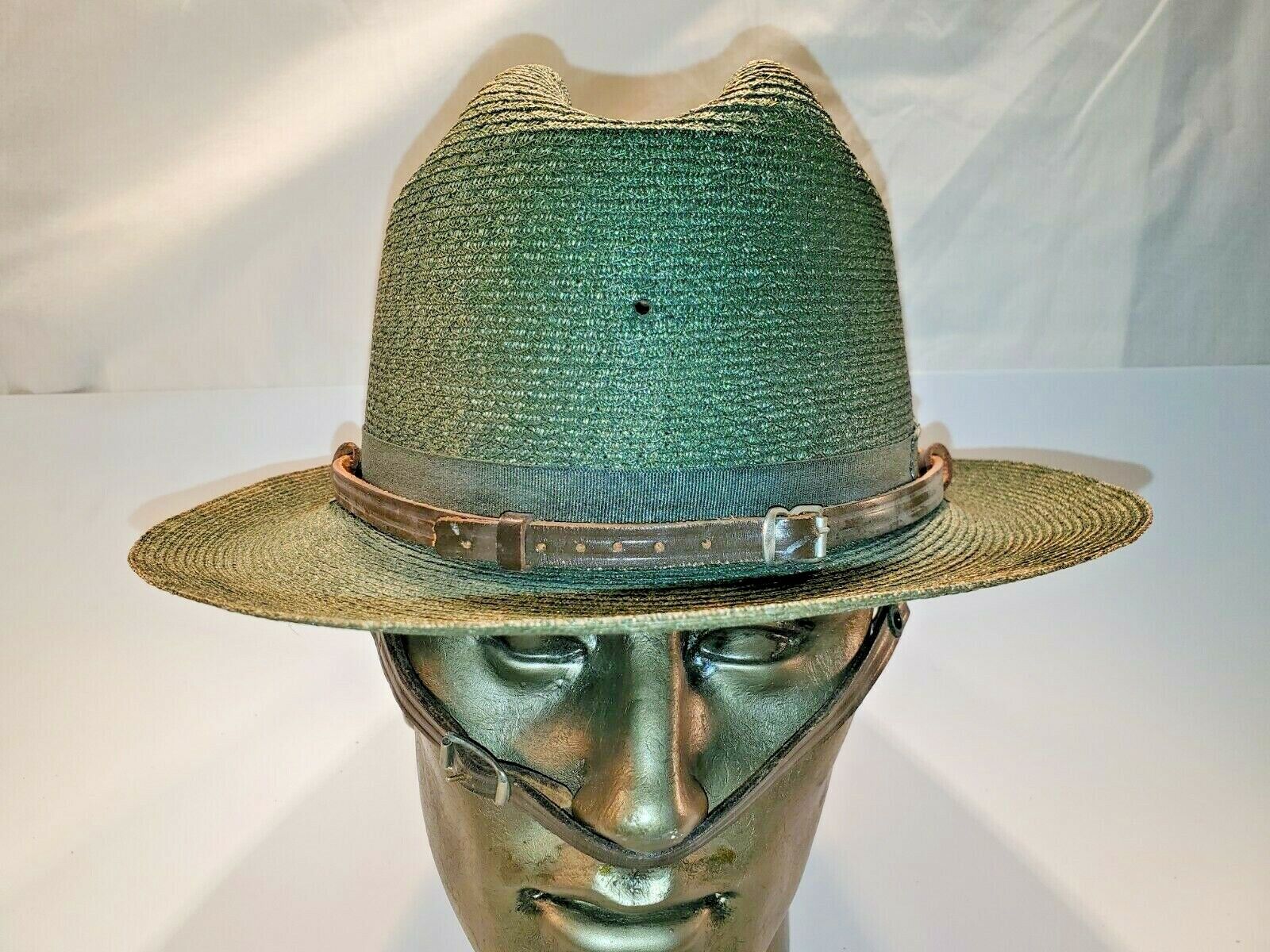 Vtg Open Road STETSON Straw Uniform HAT 7 1/8 GREEN w Leather Chin Strap scout