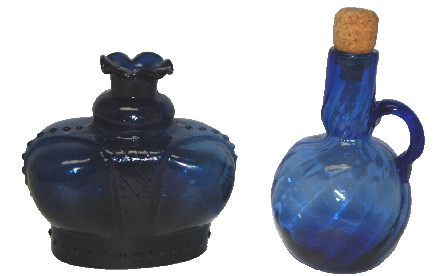 Cobalt Blue Glass Clevenger Brothers Crown & Bottle with Cork  Lot of 2   T1166