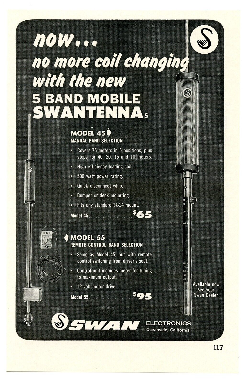 QST Ham Radio Mag. Ad NEW 5 BAND MOBILE SWANTENNA from SWAN (2/66)
