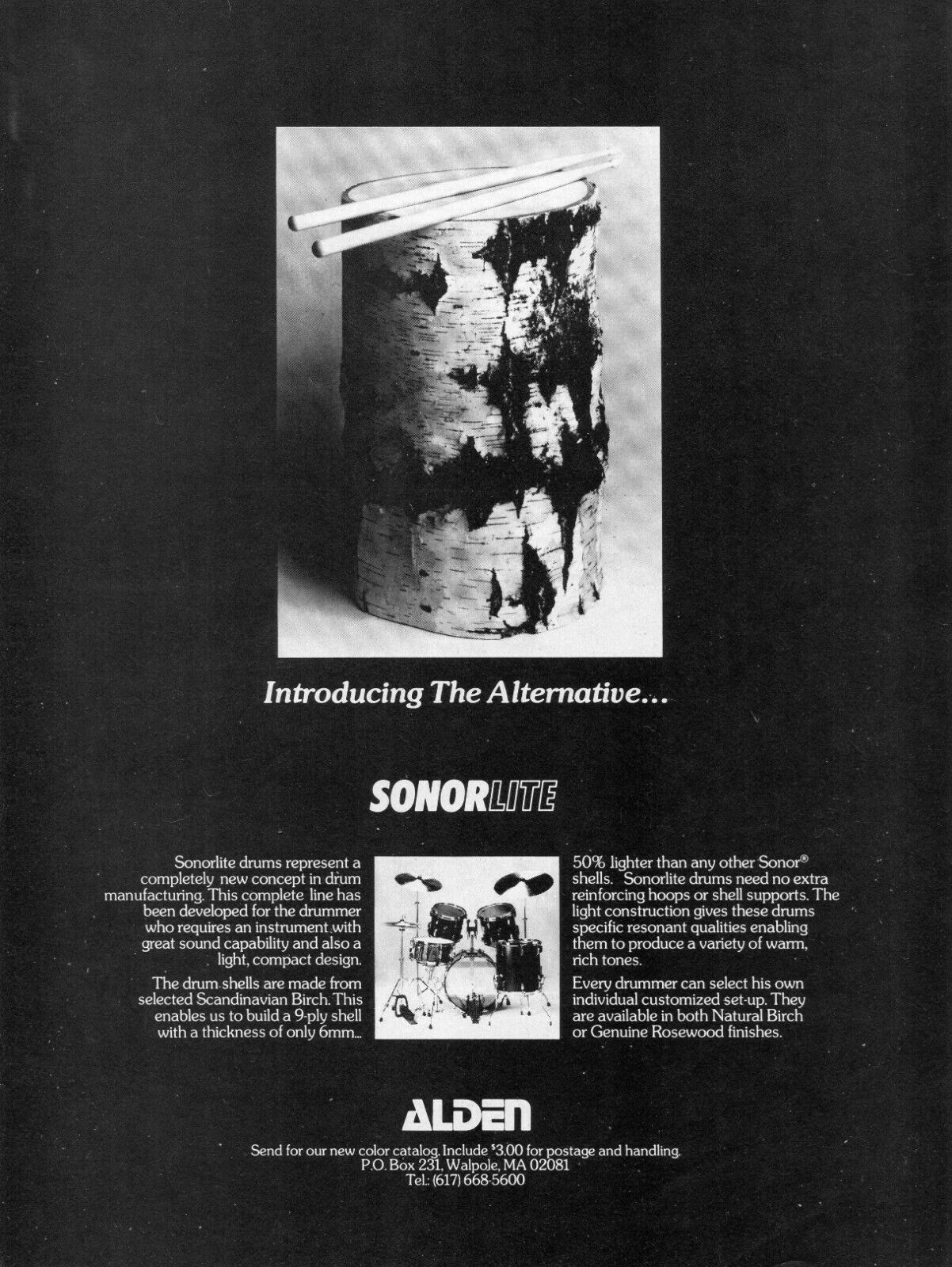 1983 Print Ad of Alden Sonor Sonorlite Drum Kit introducing the alternative