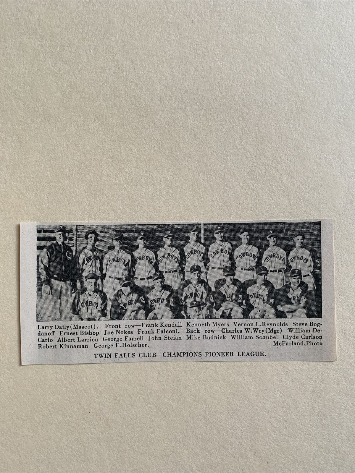 Twin Falls Cowboys Idaho Pioneer League Mike Budnick 1939 Baseball Team Picture