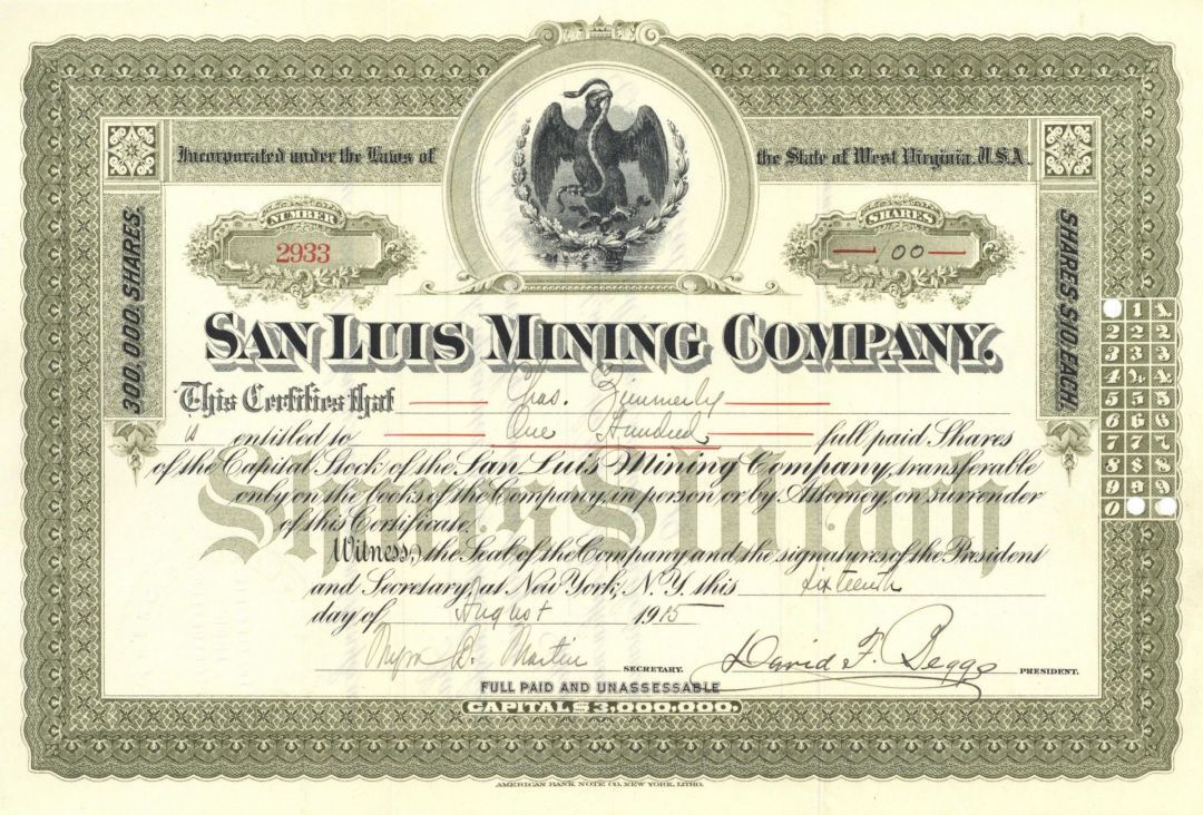 San Luis Mining Co. - San Dimas Mining District of Mexico - 1900\'s dated Mexican
