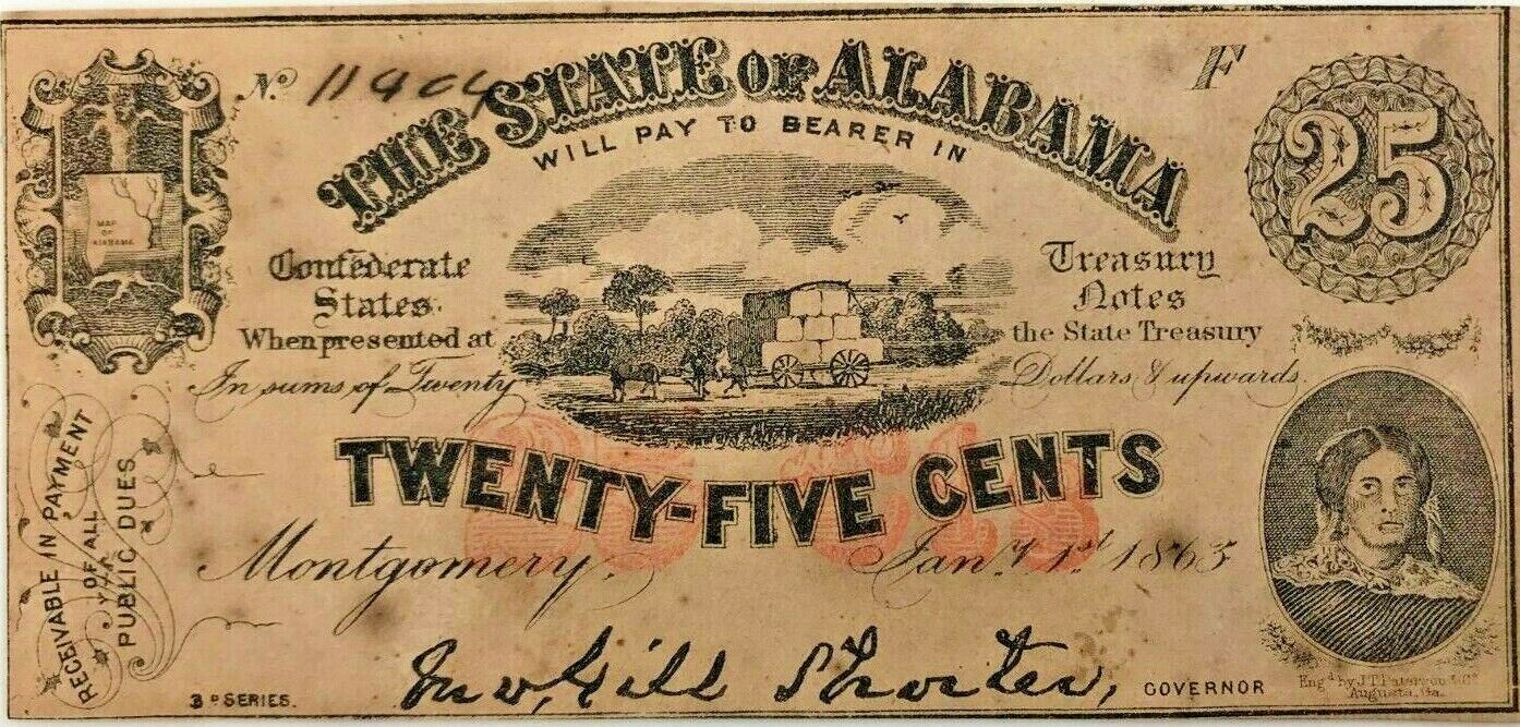 RARE The State of Alabama - Twenty Five Cents Currency Note - RRALA25