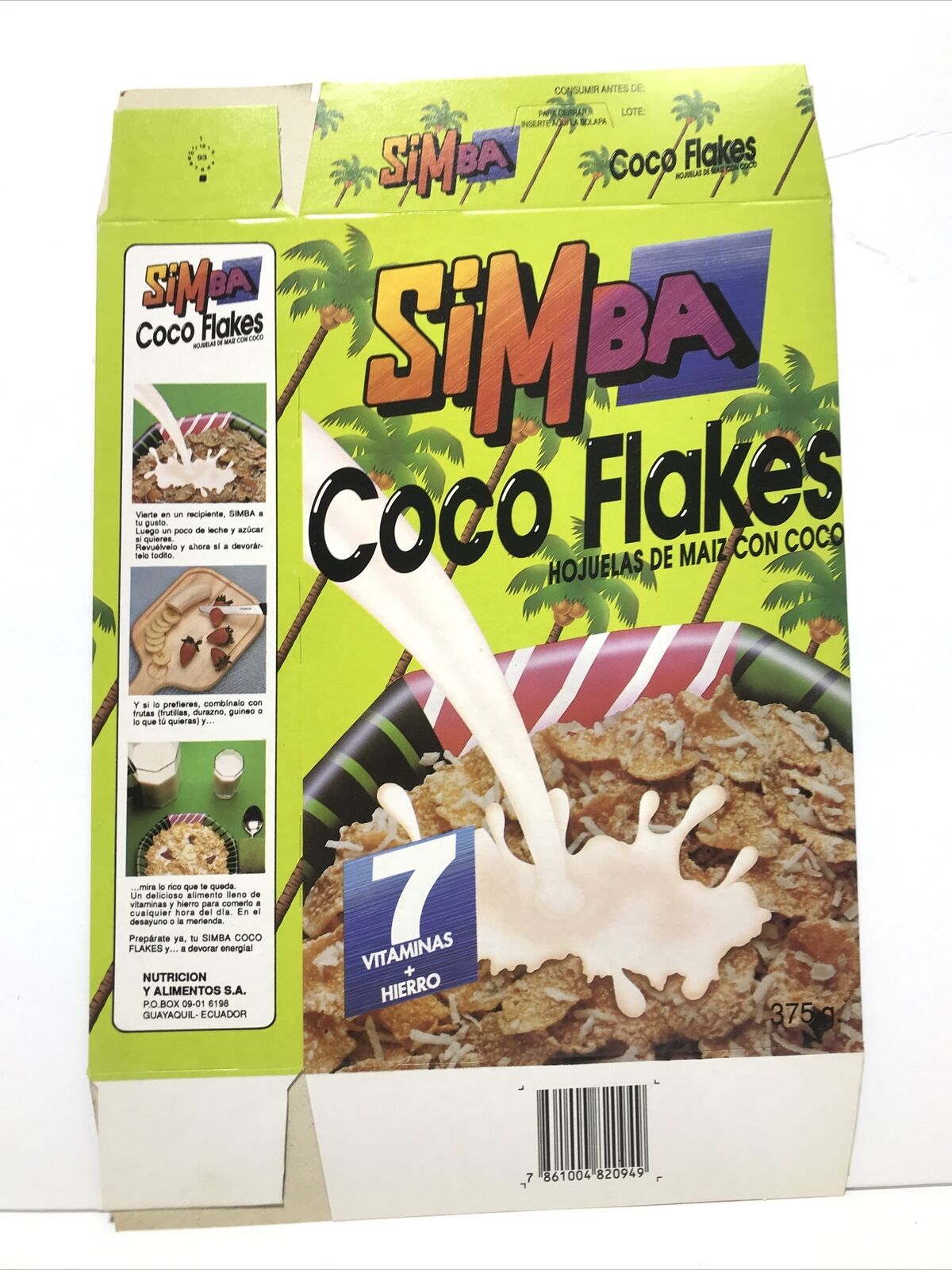 Kellogg’s Ecuador Simba Cocoa Flakes Unused Flat Cereal Box 1993