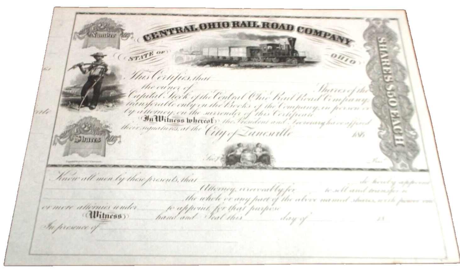 1860\'s CENTRAL OHIO RAIL ROAD B&O UNISSUED COMPANY STOCK CERTIFICATE